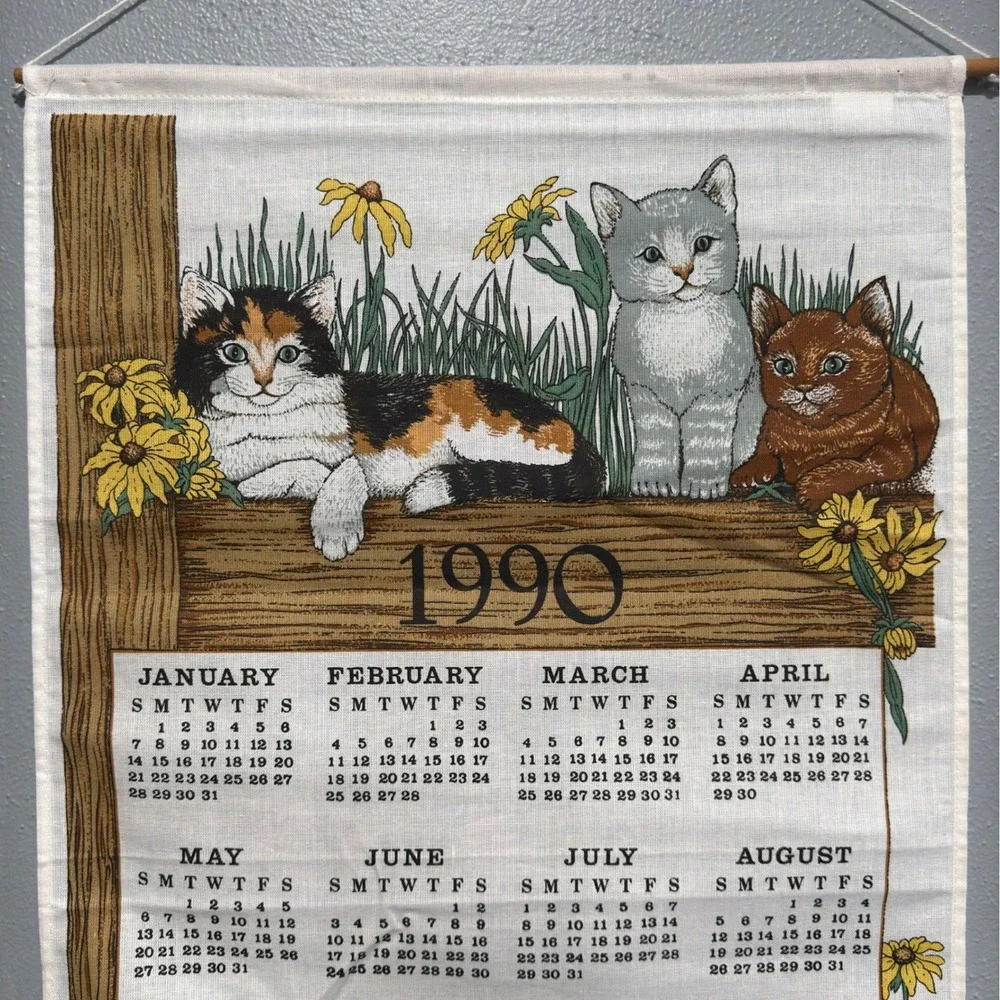 Vintage 1990 Kitten Cat Fabric Wall Calendar Tea Towel Cotton 15x25 Brazil Decor